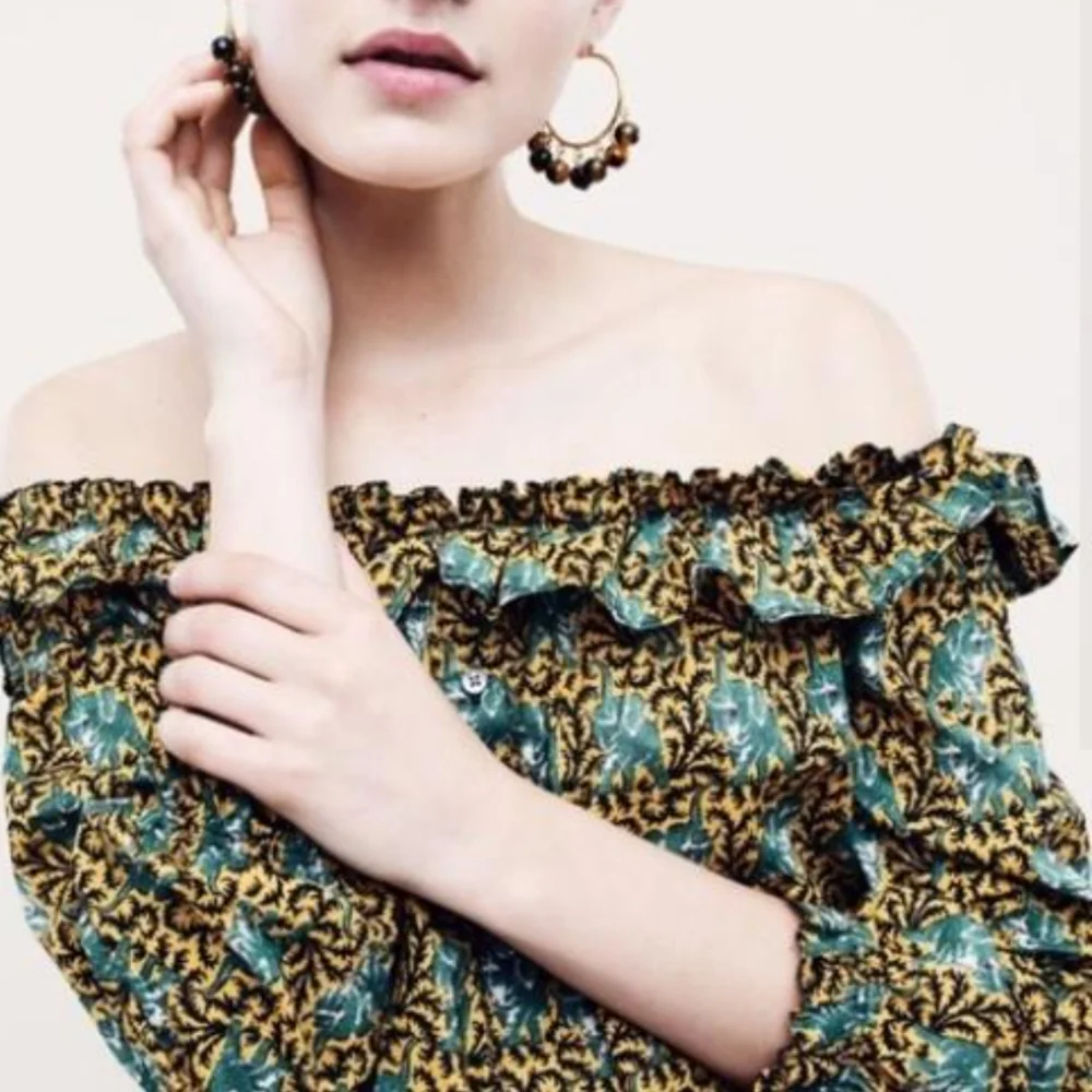 J. Crew Ratti Safari novelty elephant print Off the Shoulder top ruffle